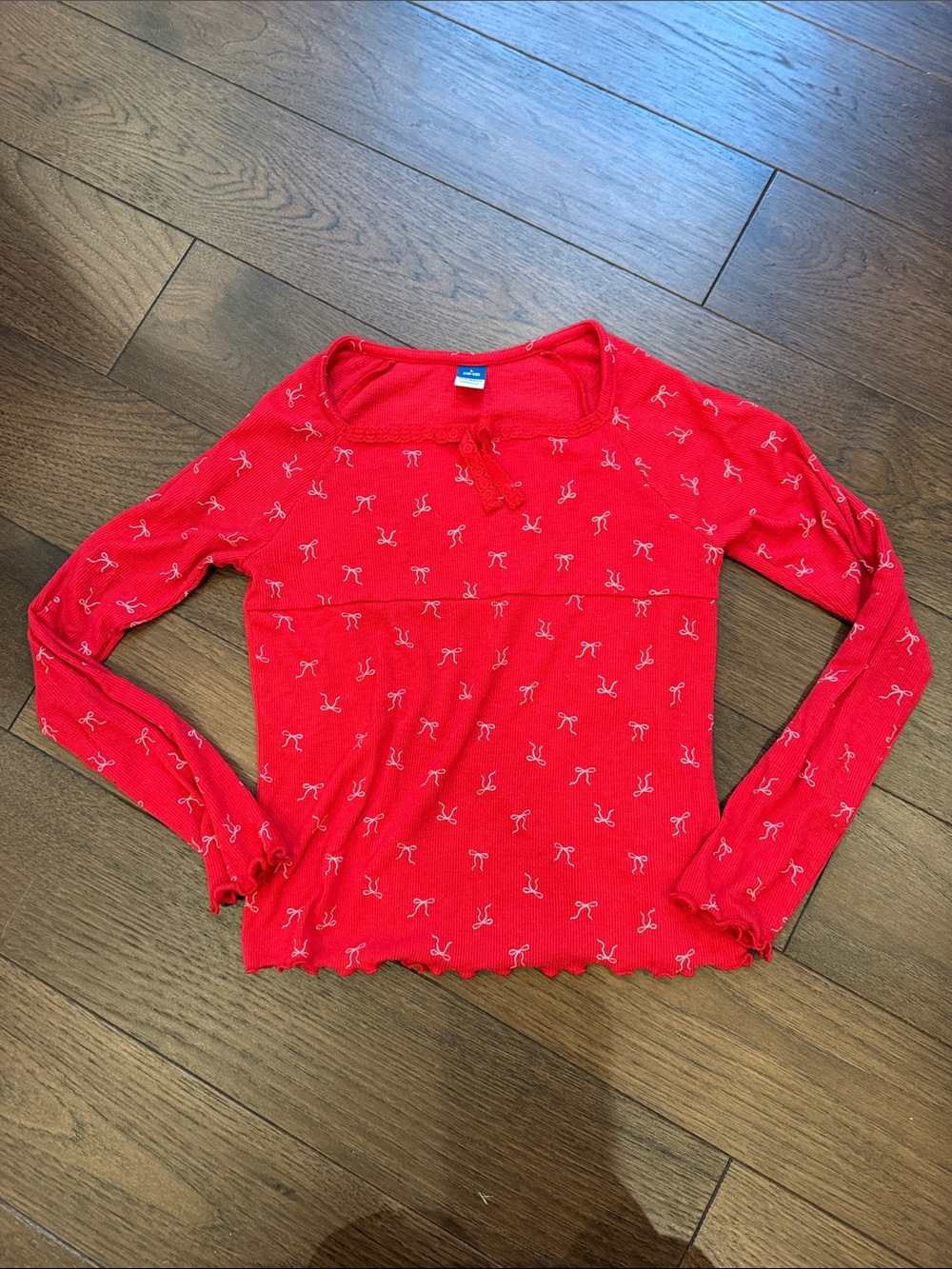 Old Navy Girls Red Long-Sleeve Bow Print Top Large 10/12 - C72-089